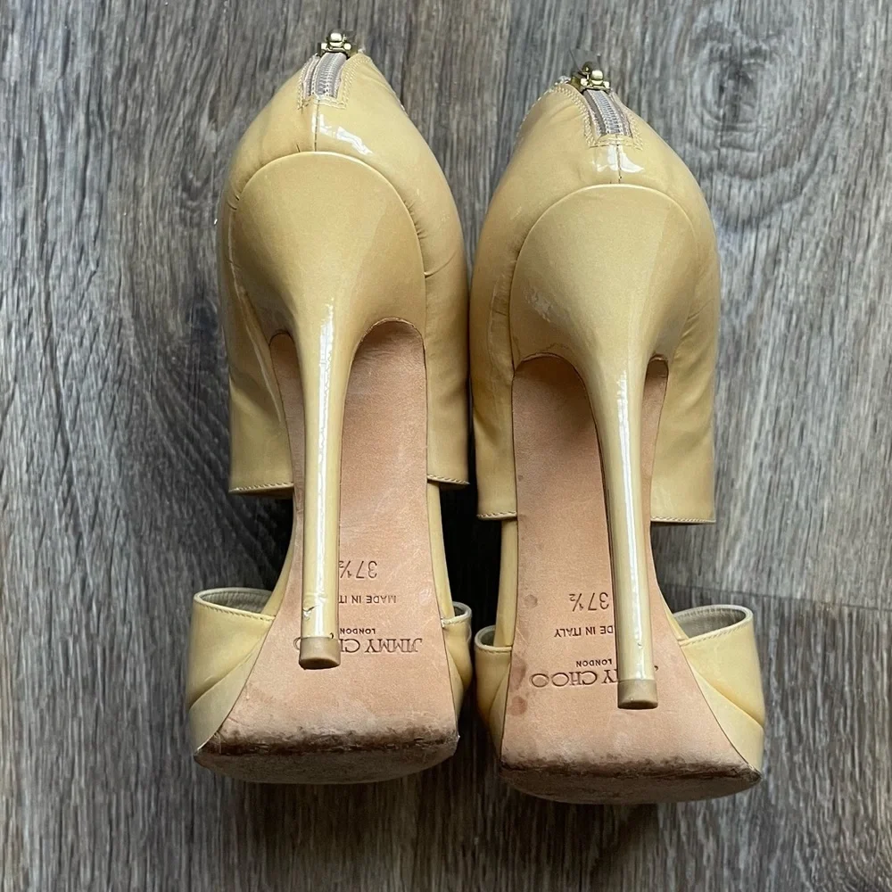 Jimmy Choo Nude Patent Platform Peep Toe Heels Ankle Cuff Stiletto Pumps 37.5